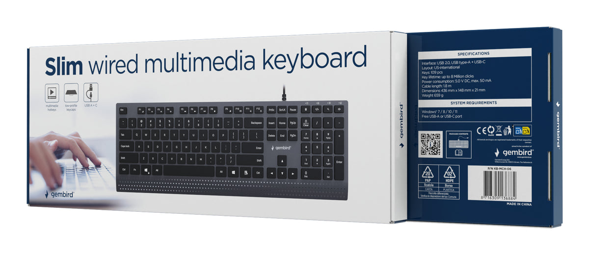 Gembird KB-MCH-06 Slim wired multimedia keyboard with Type-C adapter, US layout, black
