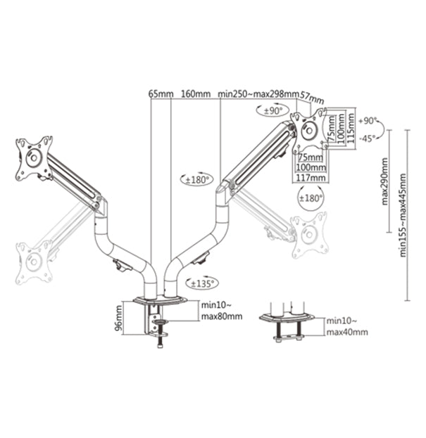 Gembird MA-DA2-02 Adjustable desk 2-display mounting arm (tilting), 17”-32”, up to 8 kg