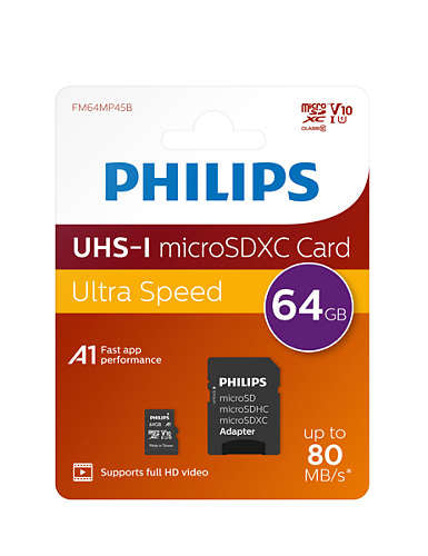 Philips MicroSDXC Card      64GB Class 10 UHS-I U1 incl, Adapter