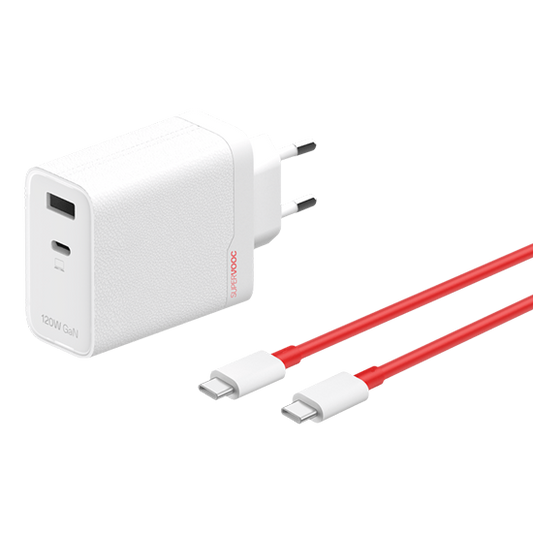 OnePlus 120W Dual Ports SuperVooc  Adapter + Cable (Type-C + Type-A) - White