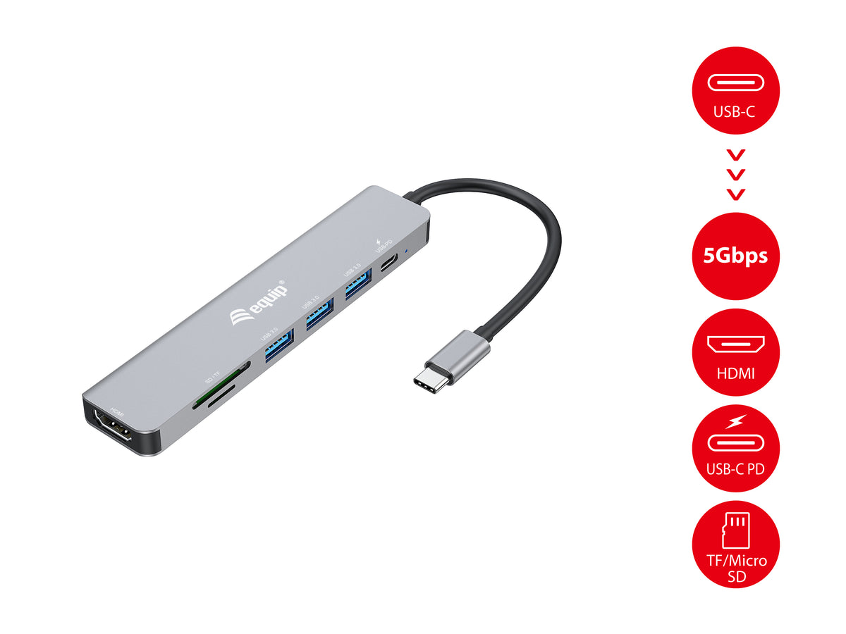Equip Dock  7-1 USB-C->HDMI,3xUSB-A,SD/TF,100W USB-C   0.25m