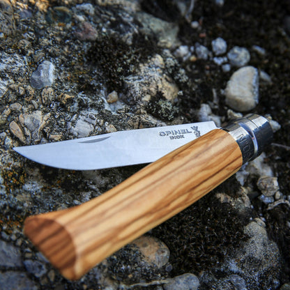 Opinel No. 08 Pocket Knife with Olive Wood Handle and Sheath in Pencil Box