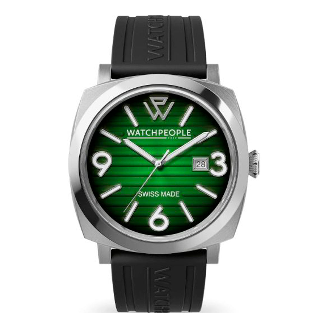 Watchpeople Women 700987 Quartz Analog Watch (45MM) Black Silicone Strap, Grey Stainless Steel Case, Green Dial