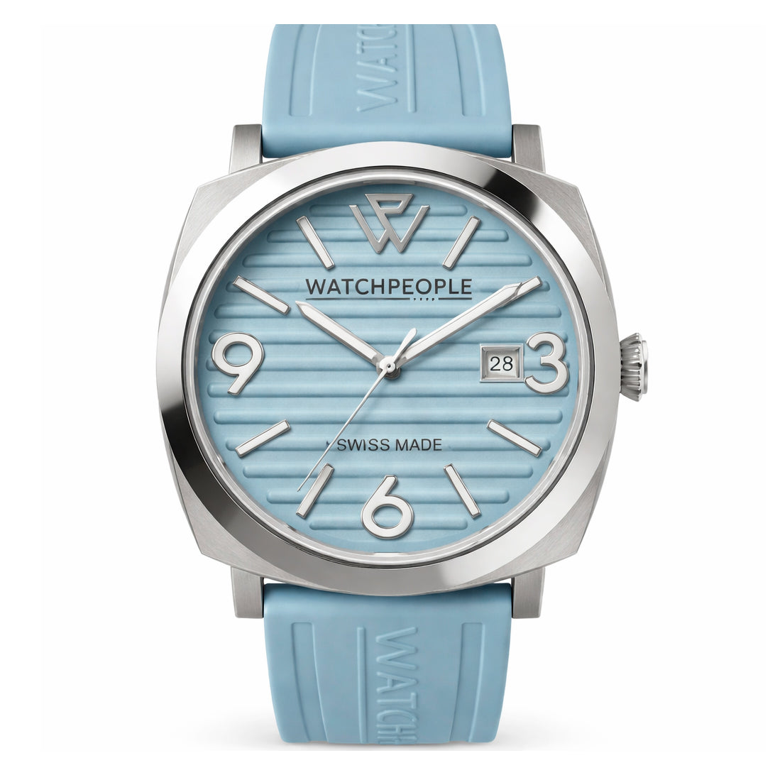 Watchpeople Women 700996 Quartz Analog Watch, 45mm, Blue Silicone Strap, Grey Stainless Steel Case
