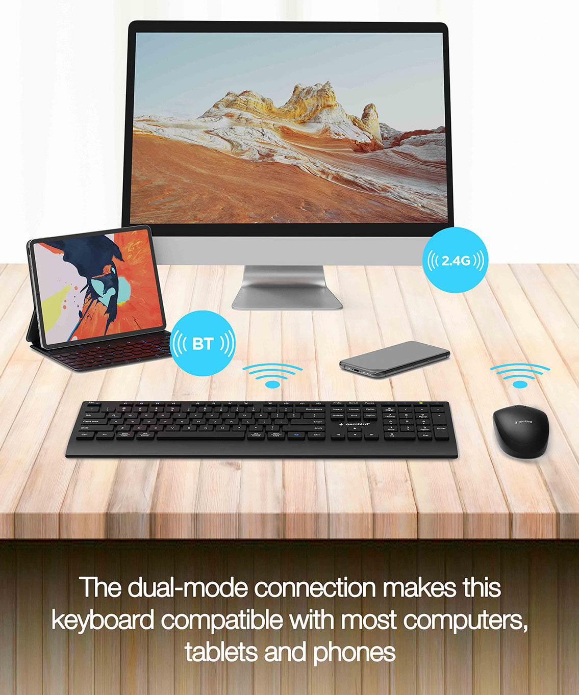 Gembird KBS-WPS-02 Dual-mode Slim Wireless Desktop Set, 2.4G+BT, US layout