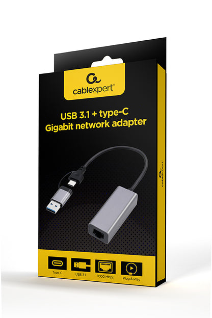 Gembird A-USB3AC-LAN-01 USB 3.1 + Type-C Gigabit Network Adapter, Space Grey