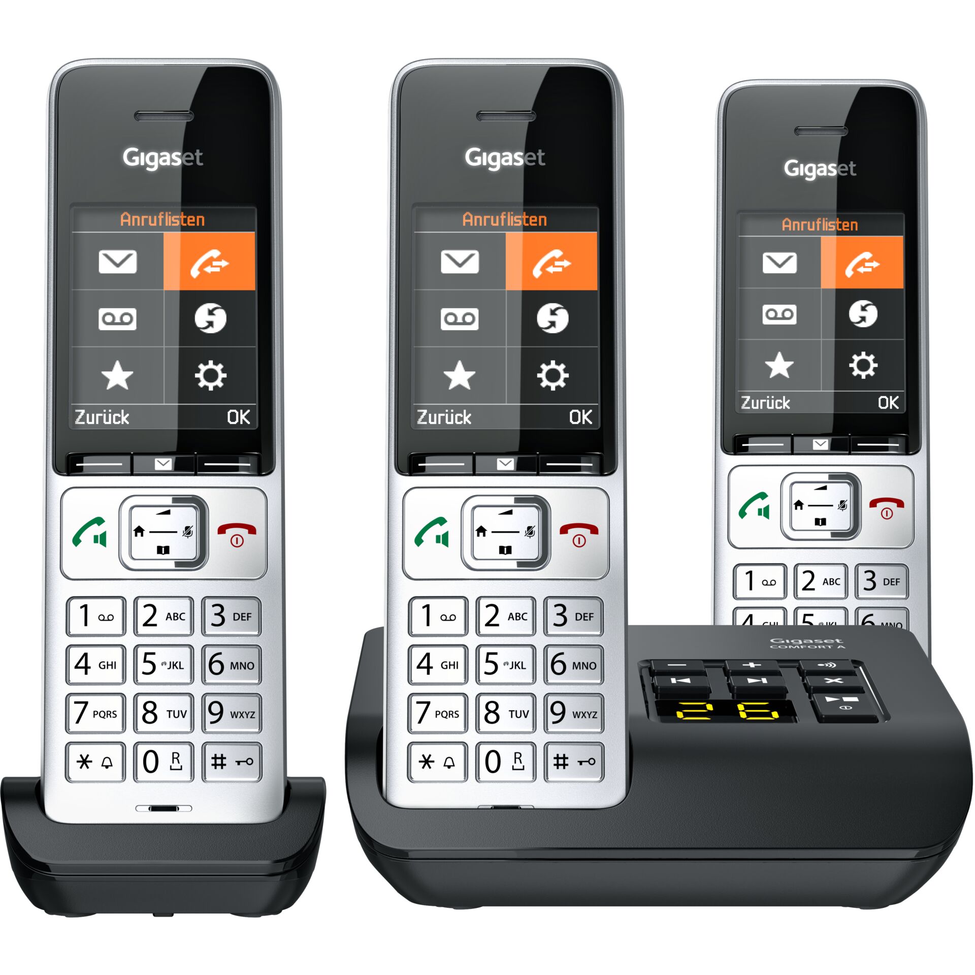 Gigaset COMFORT 500A Trio Cordless Phone Set, Silver-Black