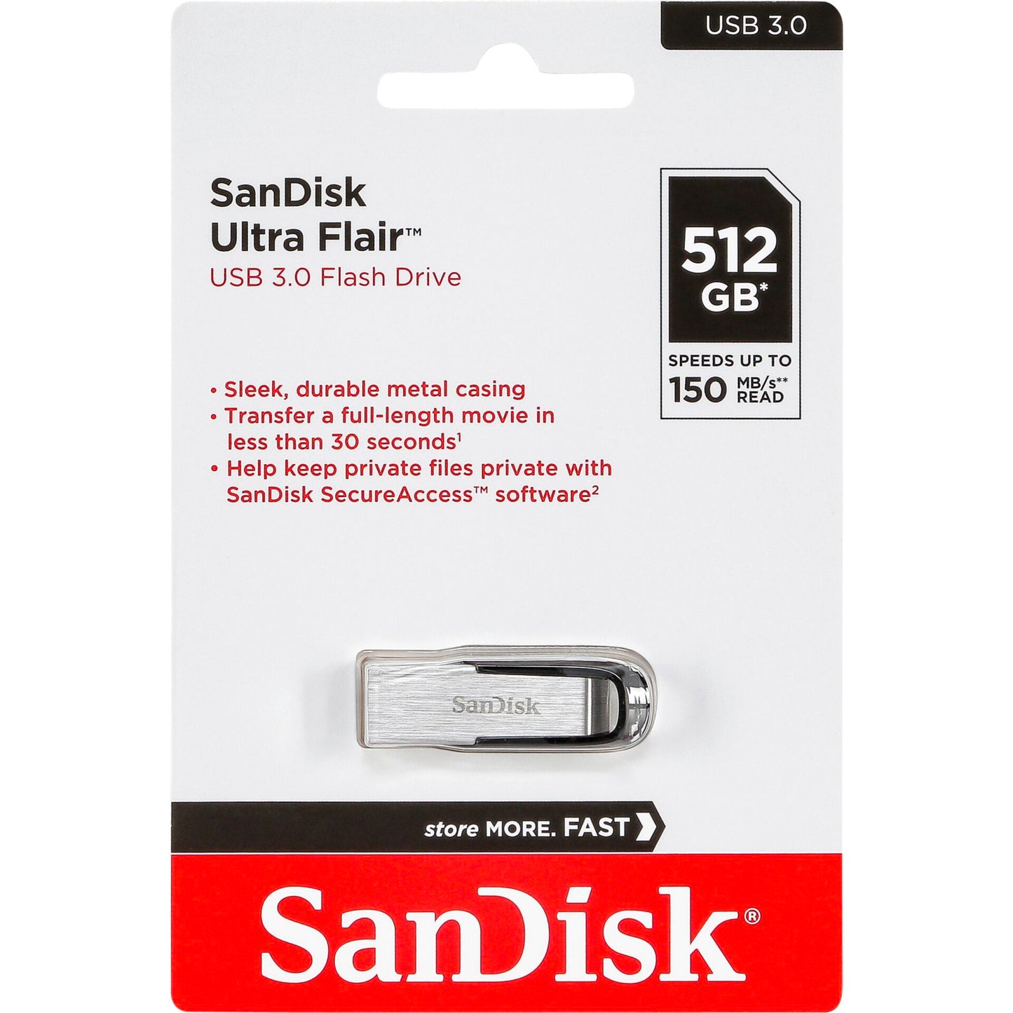 SanDisk Cruzer Ultra Flair 512GB USB 3.0 Flash Drive with 150MB/s Transfer Speed, Model SDCZ73-512G-G46