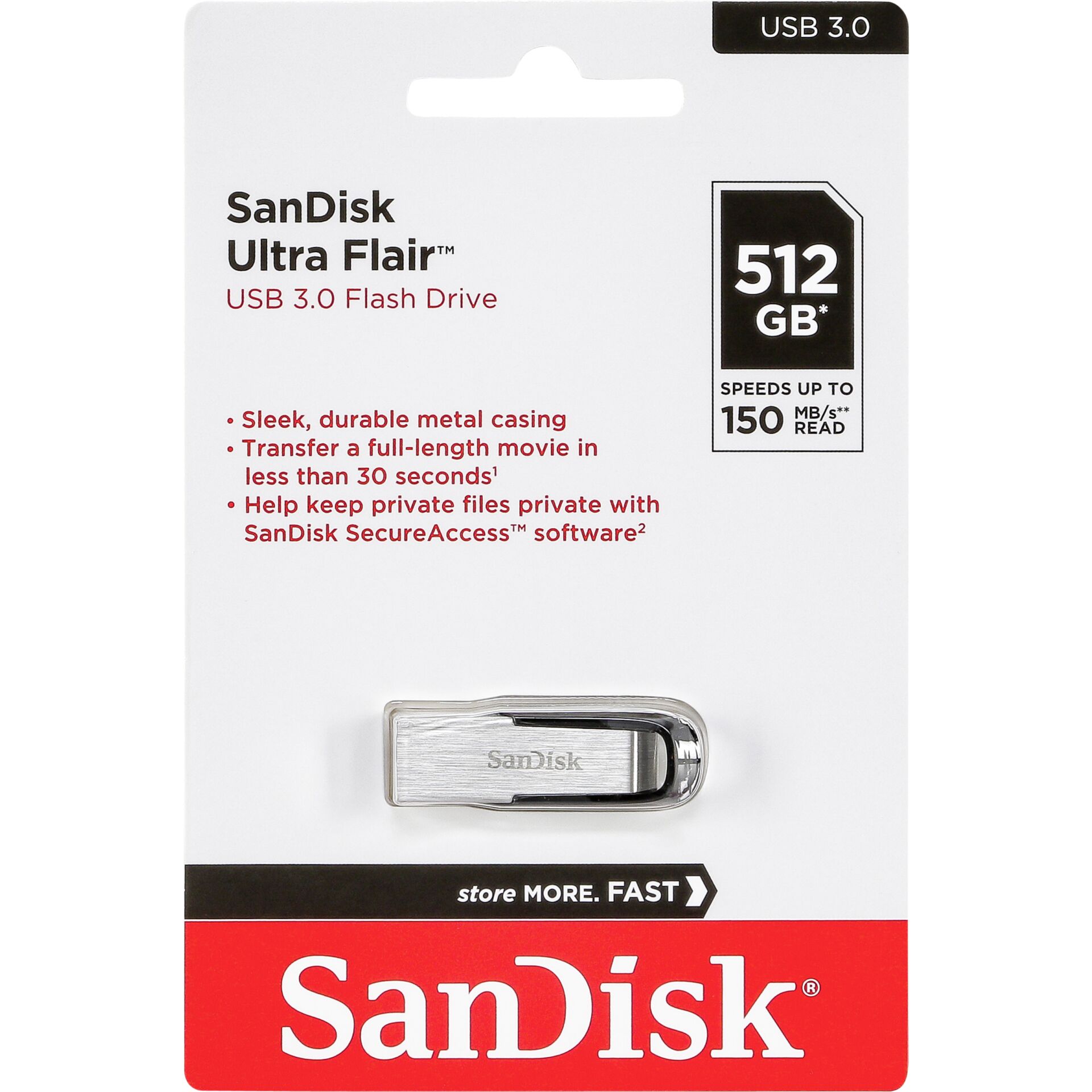 SanDisk Cruzer Ultra Flair 512GB USB 3.0 Flash Drive with 150MB/s Transfer Speed, Model SDCZ73-512G-G46