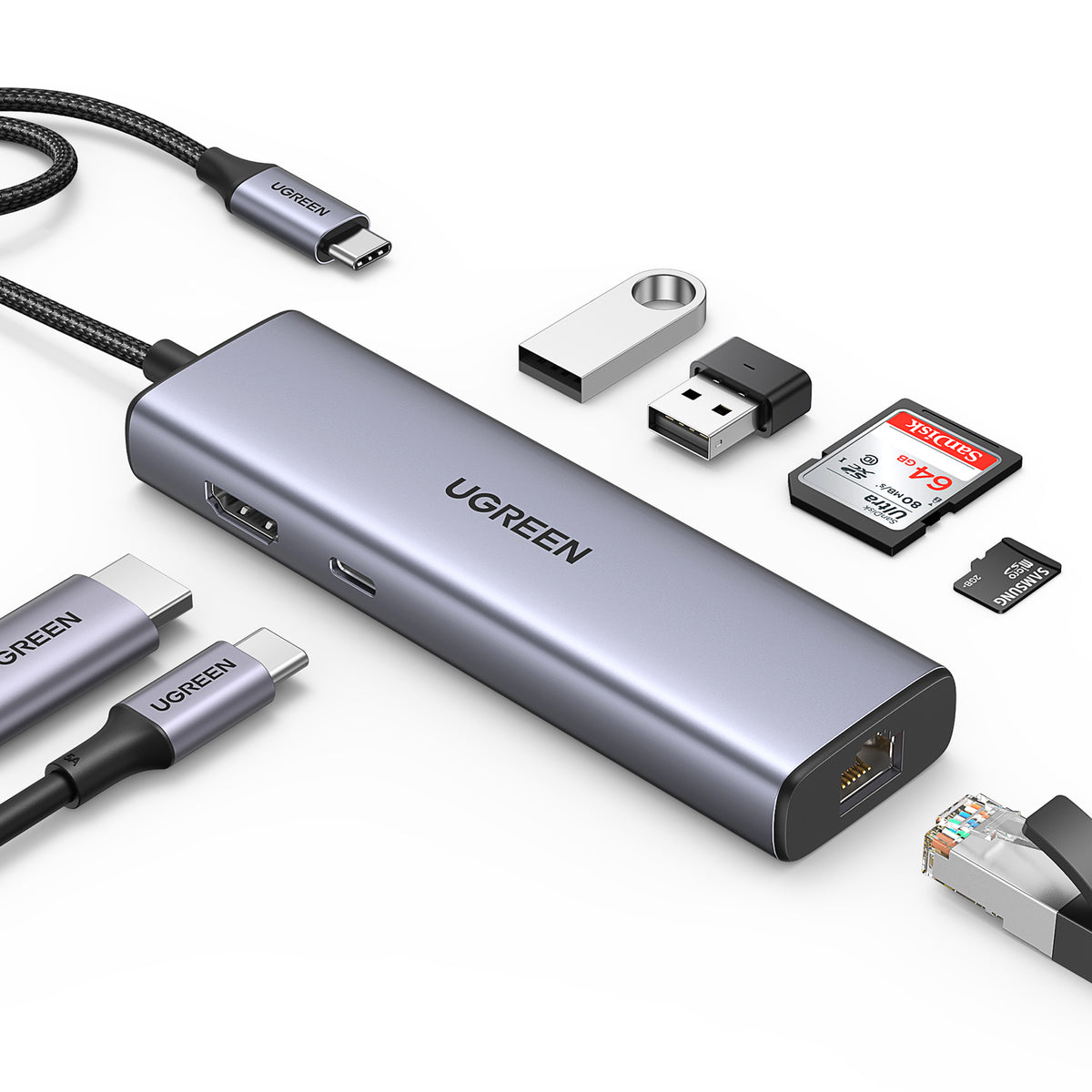 Ugreen CM512 90568 USB-C adapter – 2× USB-A 3.0 / HDMI / RJ45 / SD and TF card reader / USB-C PD 100 W Grey