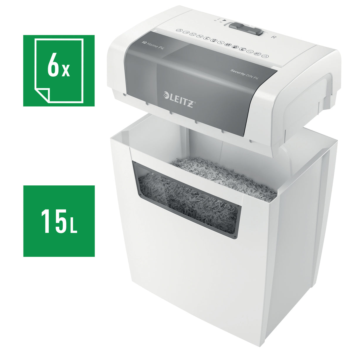 Καταστροφέας εγγράφων Leitz IQ Home, P4, 6 φύλλα, κάδος απορριμμάτων 15 λίτρων