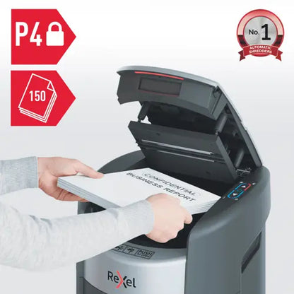 Rexel ShredMax AutoFeed+ 150X paper shredder, P4, 150 sheets, 15-litre waste bin