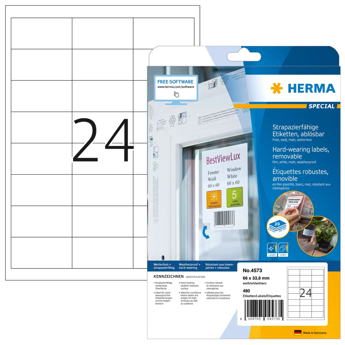 HERMA Film Labels A4 66 x 33.8 mm White Removable 480 pcs.