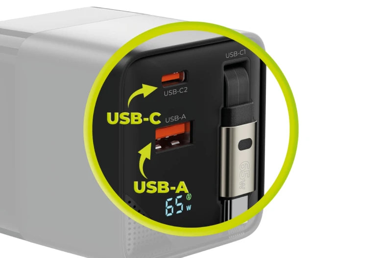 Mobile Origin 65W GaN Charger with USB-C retractable cable + USB-A 75cm