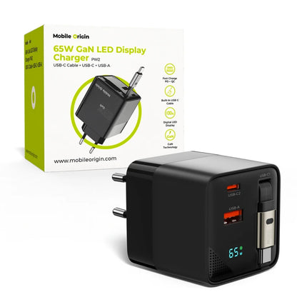 Mobile Origin 65W GaN Charger with USB-C retractable cable + USB-A 75cm