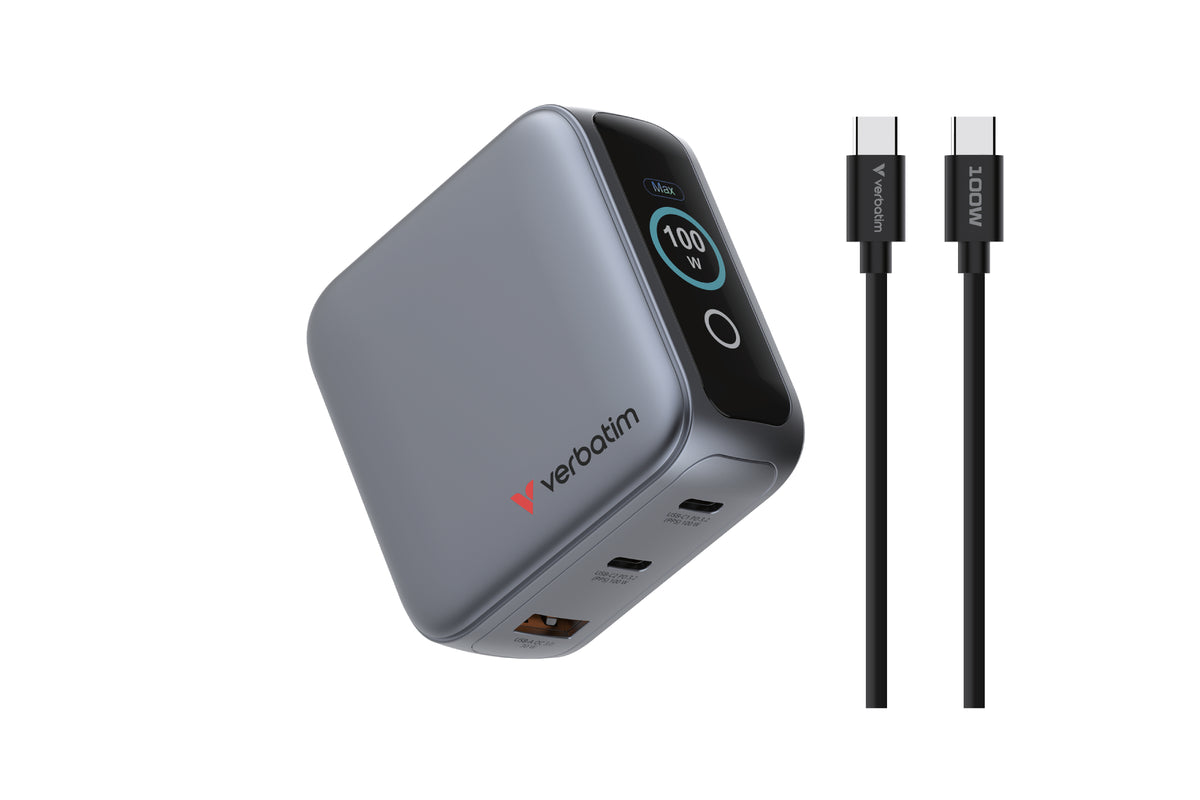 Verbatim Mini GaN Charger 100W with Display 2xUSB-C +1xA 30239