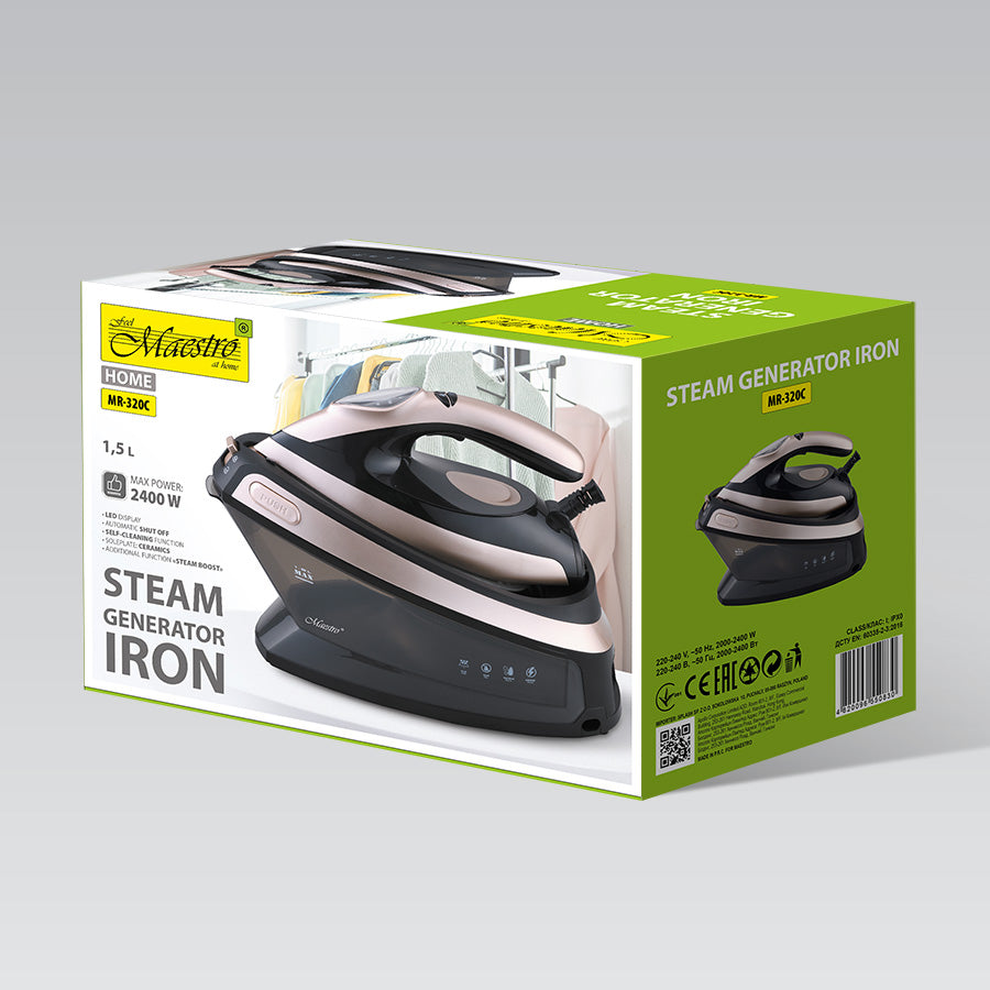 Σταθμός ατμοσίδερου Maestro MR-320C ισχύος 2400 W, με κεραμική πλάκα σόλας χωρητικότητας 1,5 λίτρου, σε μαύρο και ροζ χρυσό χρώμα