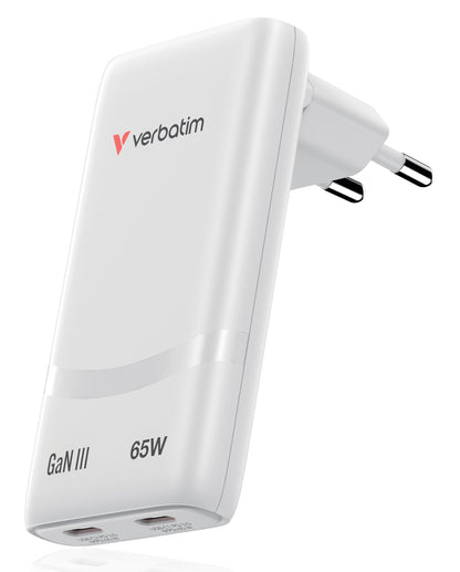 Verbatim Fold n Go GaN Charger 65W 2x USB-C White Foldable Stand 32355