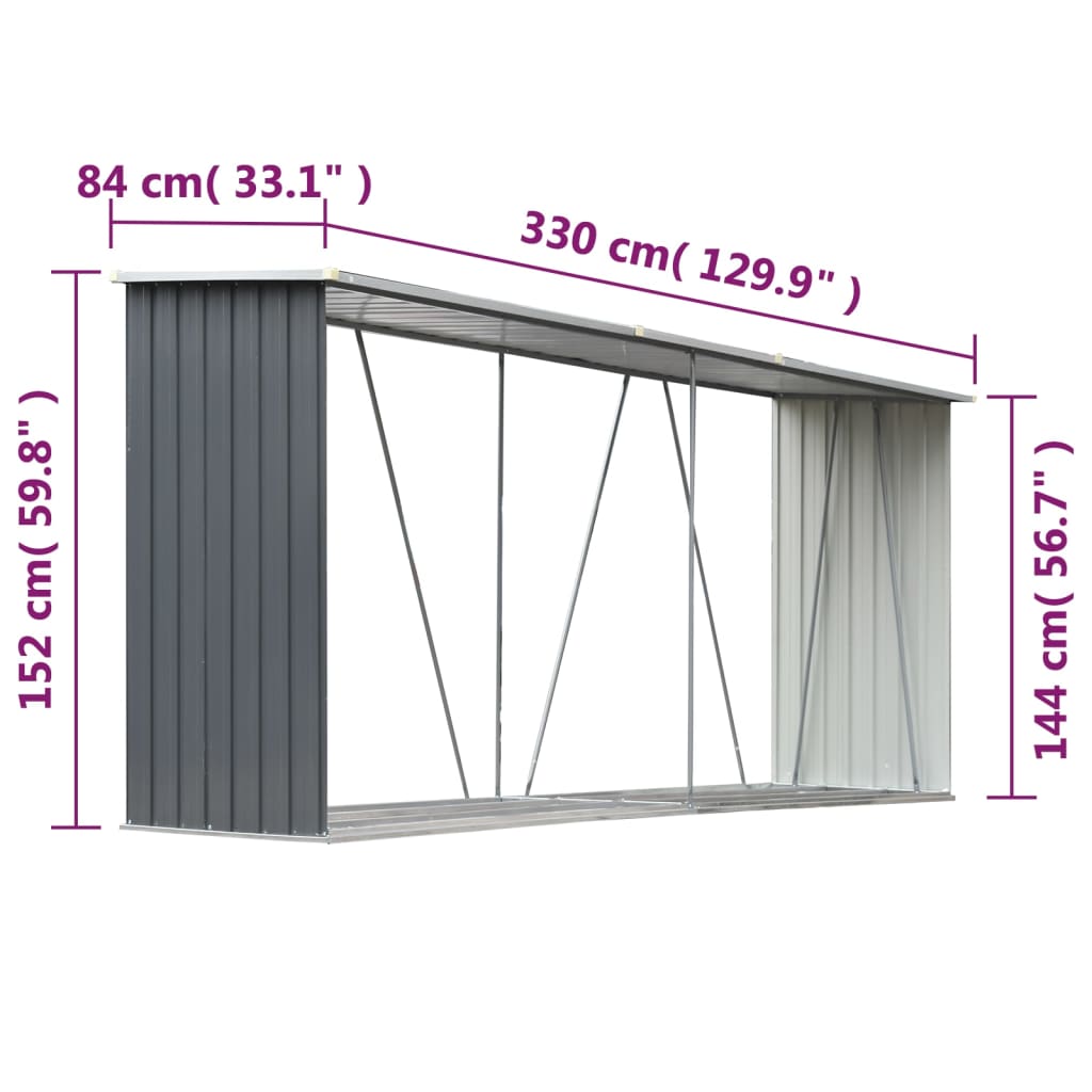 vidaXL Υπόστεγο Αποθήκευσης Ξύλων Κήπου Γκρι 330x84x152 εκ. Ατσάλι