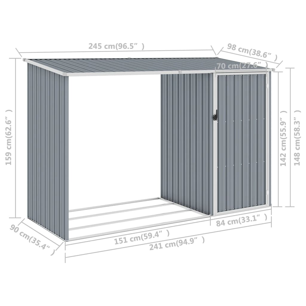 vidaXL Υπόστεγο Ξύλων/Αποθήκη Κήπου Γκρι 245x98x159 εκ. Γαλβ. Ατσάλι