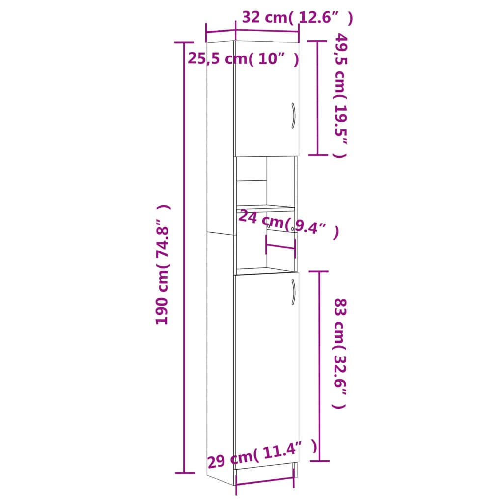 vidaXL Στήλη Μπάνιου Sonoma Δρυς 32 x 25,5 x 190 εκ. Επεξ. Ξύλο