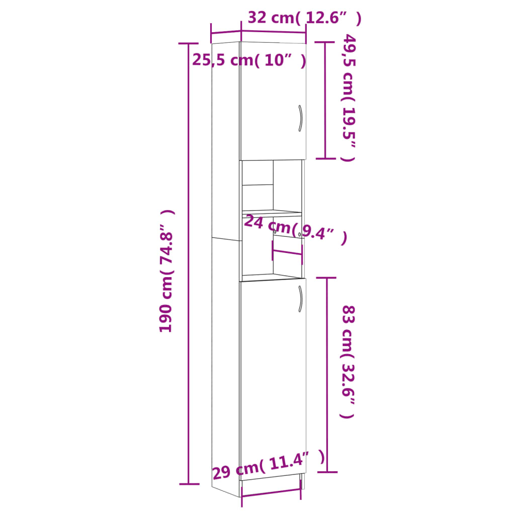 vidaXL Στήλη Μπάνιου Γυαλιστερό Μαύρο 32 x 25,5 x 190 εκ. Μοριοσανίδα