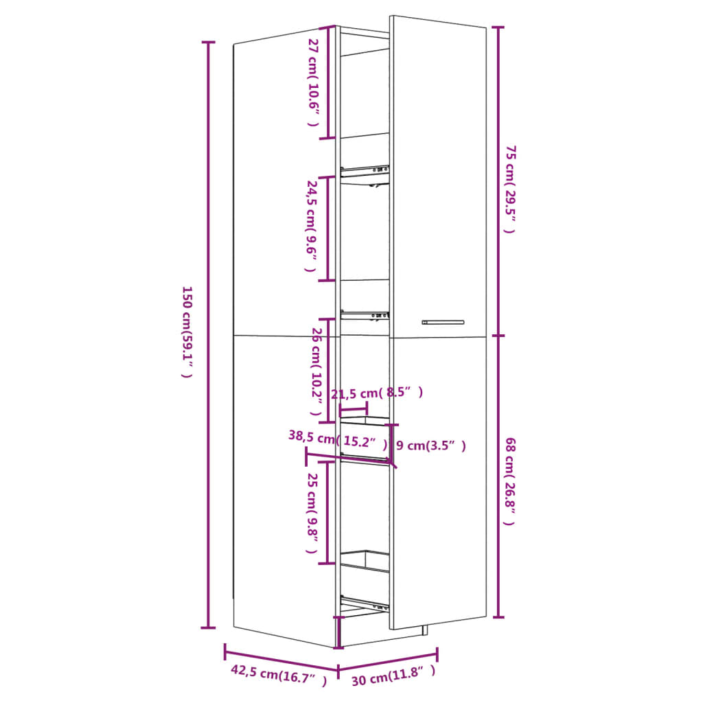 vidaXL Συρταριέρα Γενικής Χρήσης Λευκή 30 x 42,5 x 150 εκ. Επεξ. Ξύλο