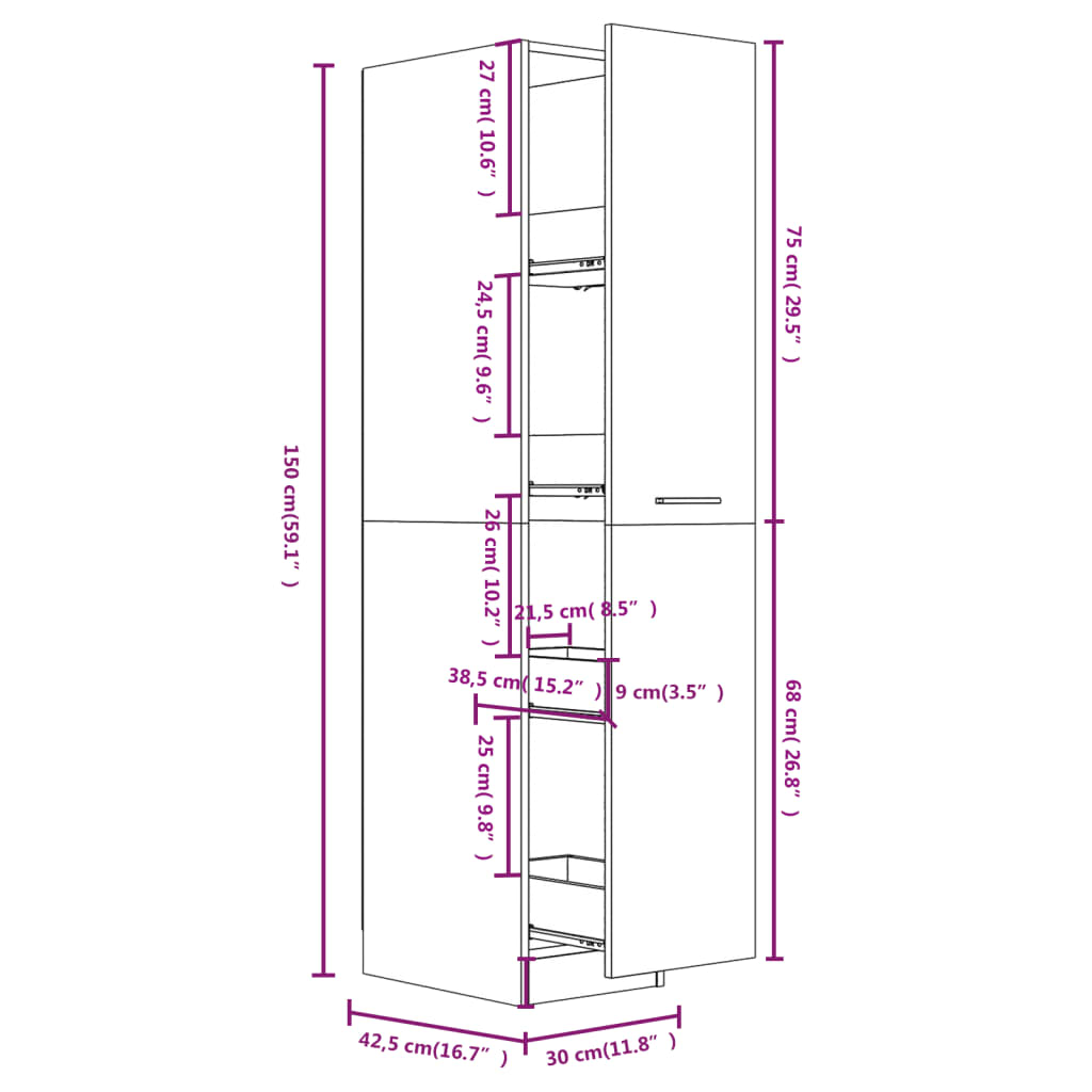 vidaXL Συρταριέρα Γενικής Χρήσης Μαύρο 30 x 42,5 x 150 από Επεξ. Ξύλο