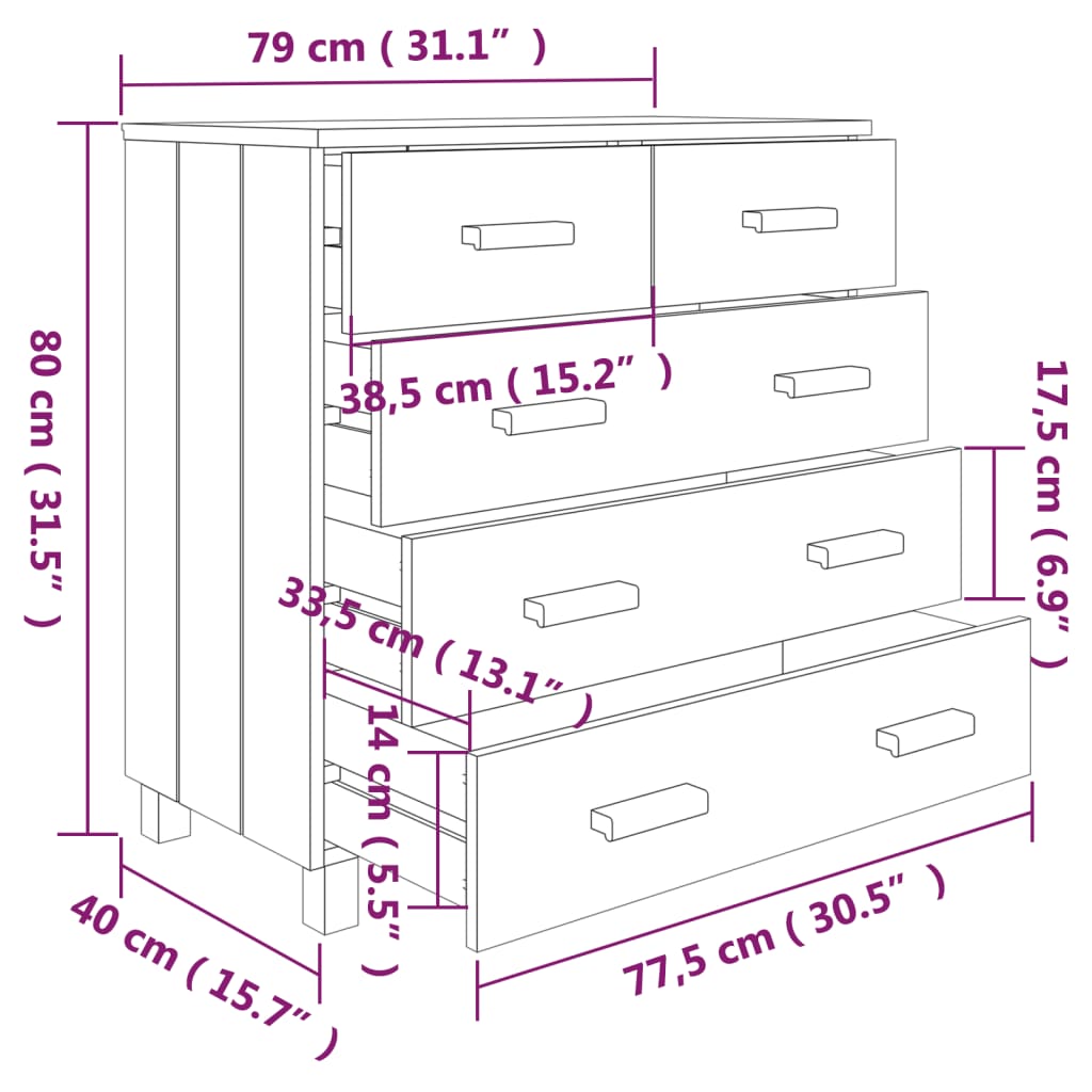 vidaXL Συρταριέρα HAMAR Καφέ Μελί 79 x 40 x 80 εκ. Μασίφ Ξύλο Πεύκου