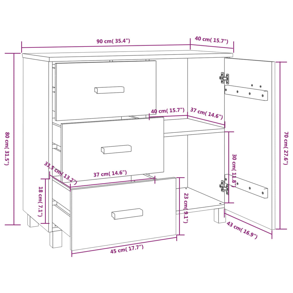 vidaXL Συρταριέρα HAMAR Καφέ Μελί 90 x 40 x 80 εκ. Μασίφ Ξύλο Πεύκου