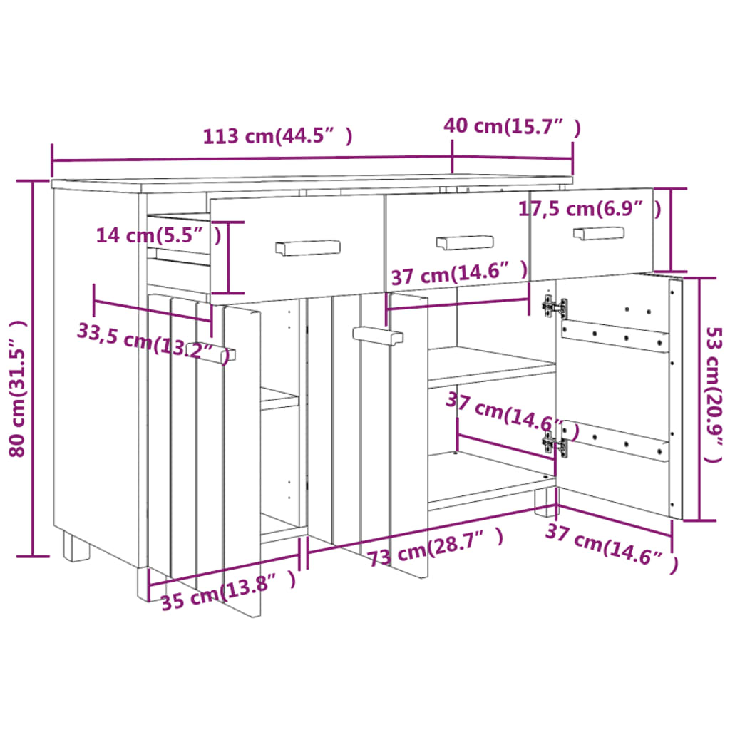 vidaXL Συρταριέρα HAMAR Καφέ Μελί 113 x 40 x 80 εκ. Μασίφ Ξύλο Πεύκου