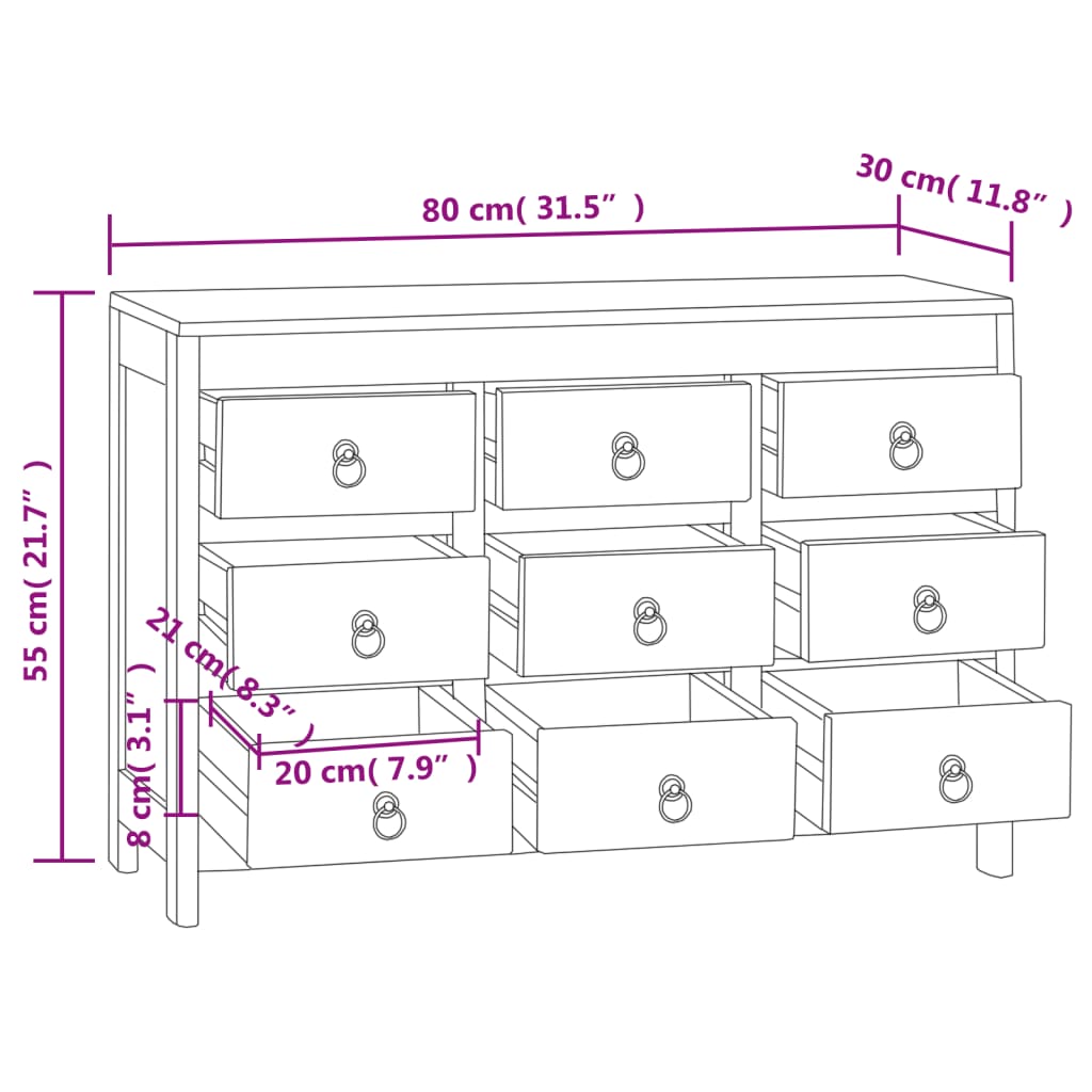 vidaXL Συρταριέρα 80 x 30 x 55 εκ. από Μασίφ Ξύλο Teak