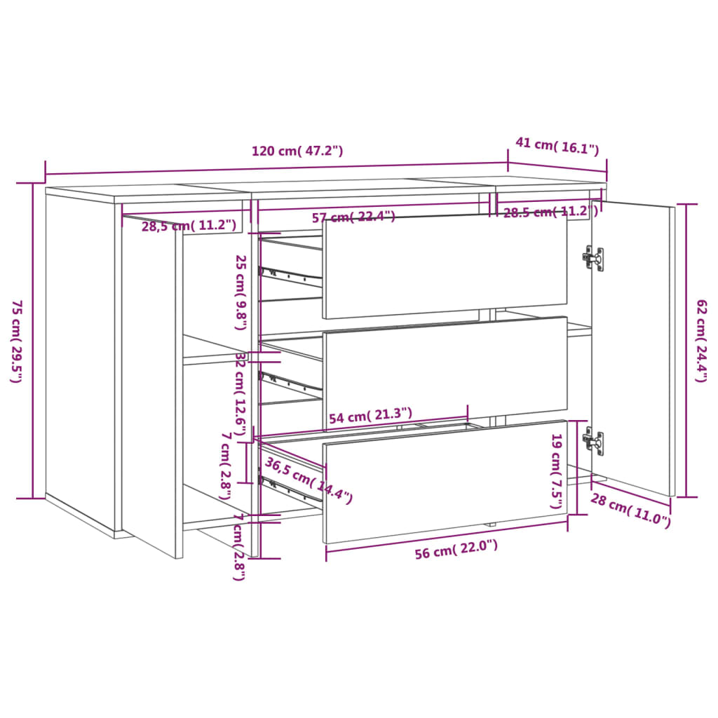 vidaXL Συρταριέρα με 3 Συρτάρια Μαύρη 120x41x75 εκ από Επεξ. Ξύλο