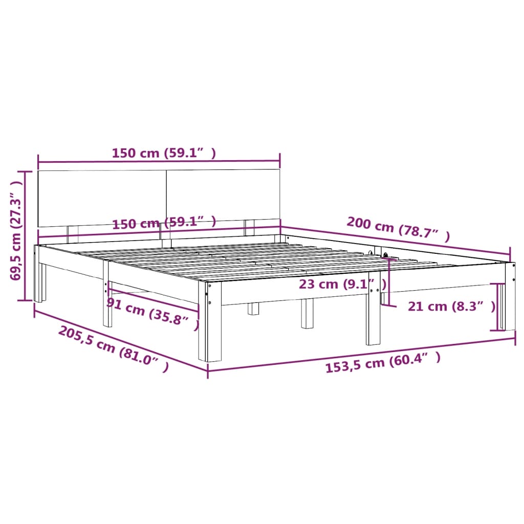 vidaXL Πλαίσιο Κρεβατιού Μελί 150 x 200 εκ. Μασίφ Ξύλο King Size