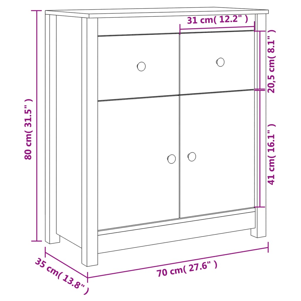 vidaXL Συρταριέρα Μαύρος 70 x 35 x 80 εκ. από Μασίφ Ξύλο Πεύκου