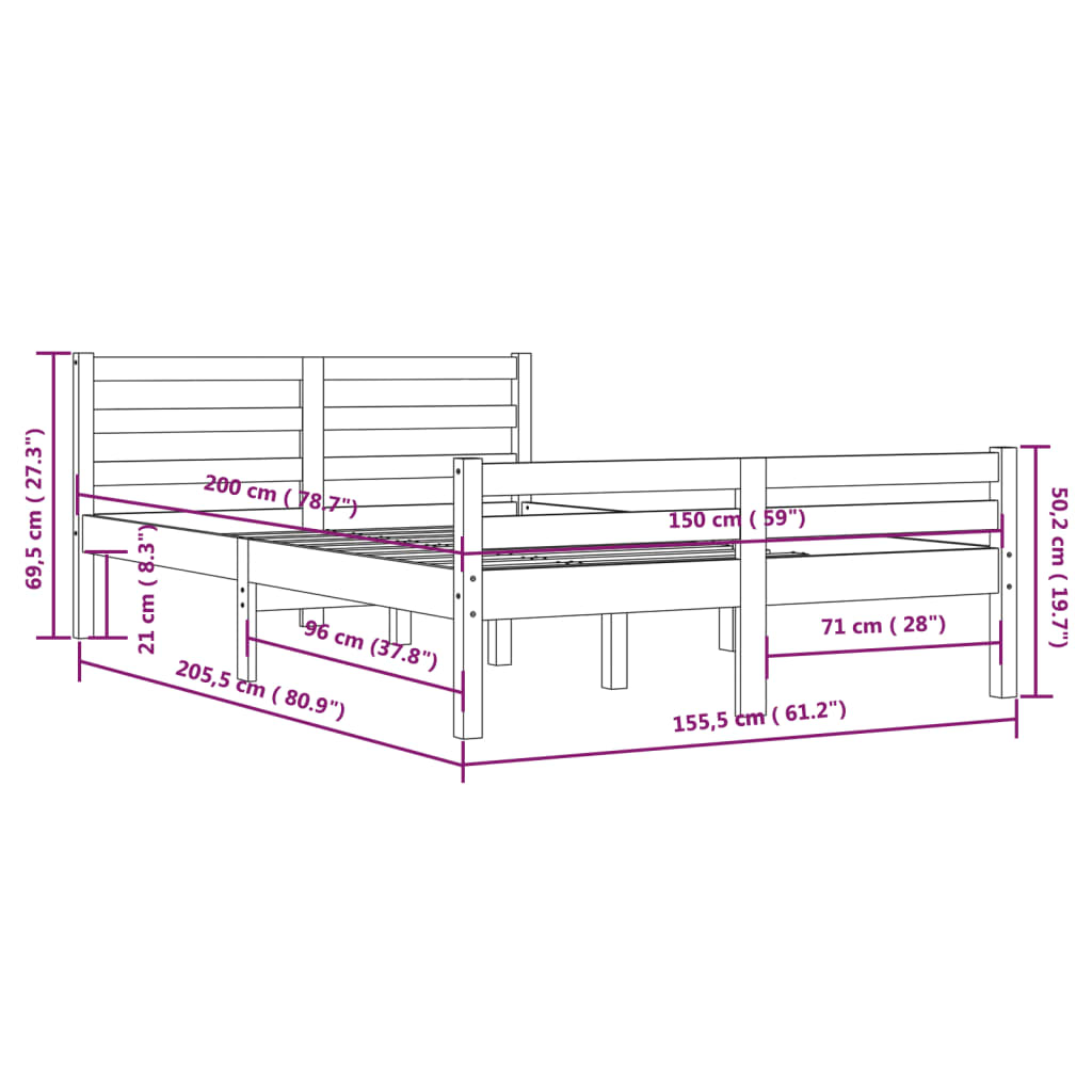 vidaXL Πλαίσιο Κρεβατιού Λευκό 150 x 200 εκ. Μασίφ Ξύλο King Size