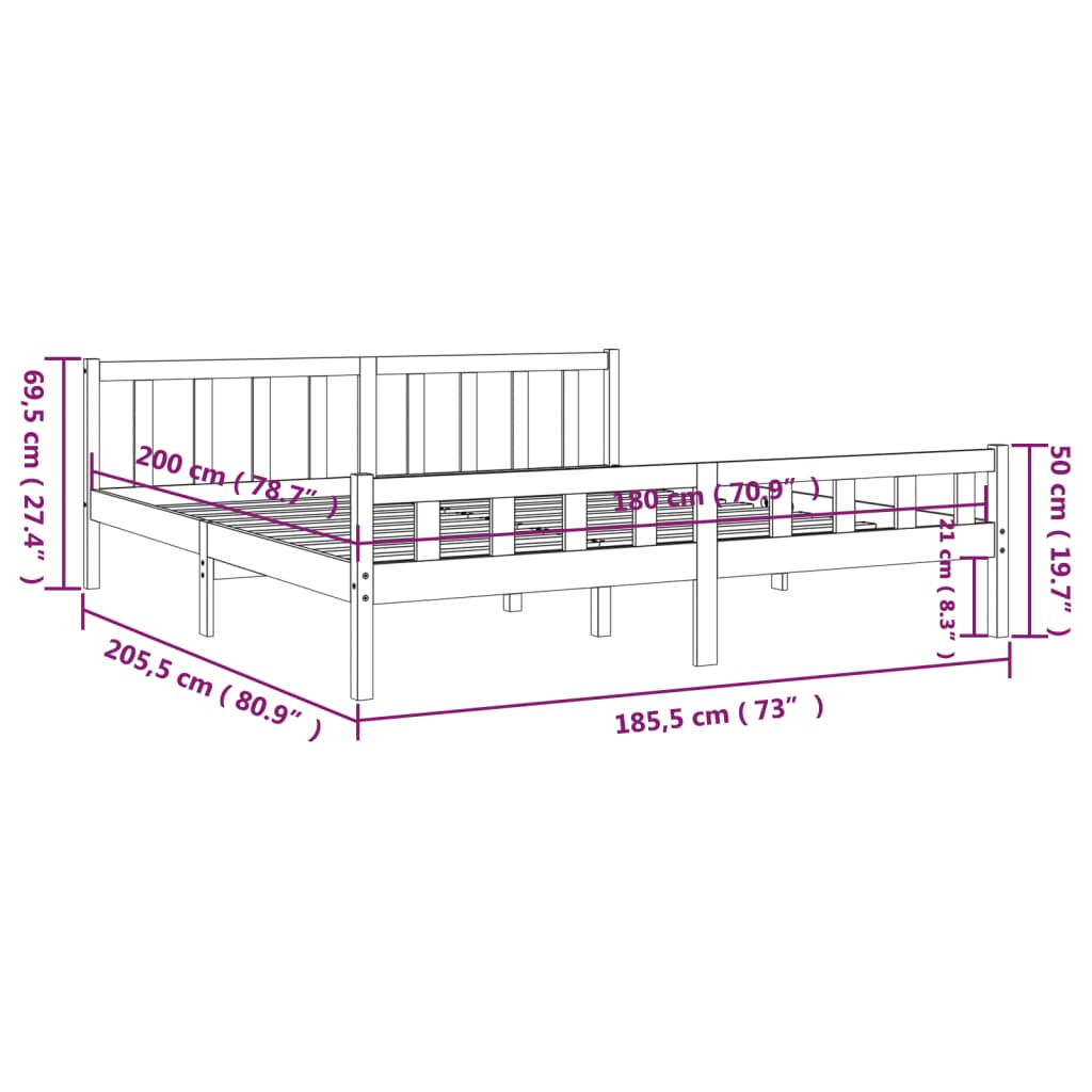 vidaXL Πλαίσιο Κρεβατιού Λευκό 180 x 200 εκ. Μασίφ Ξύλο Super King