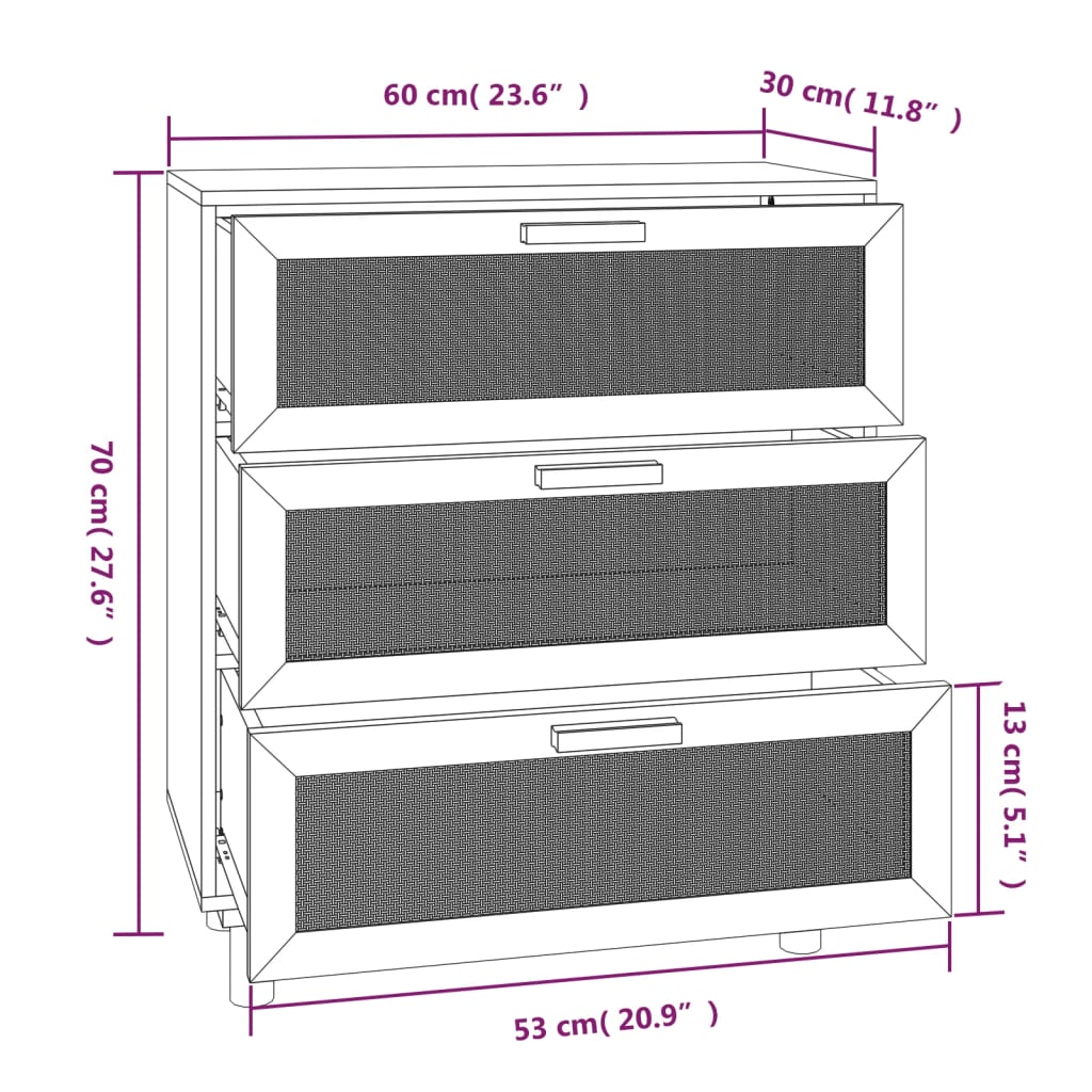 vidaXL Συρταριέρα Μαύρη 60x30x70 εκ. από Μασίφ Πεύκο & Φυσικό Ρατάν