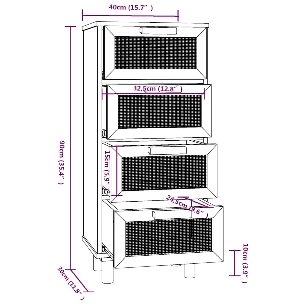 vidaXL Συρταριέρα Λευκή 40 x 30 x 90 εκ. Μασίφ Πεύκο & Φυσικό Ρατάν