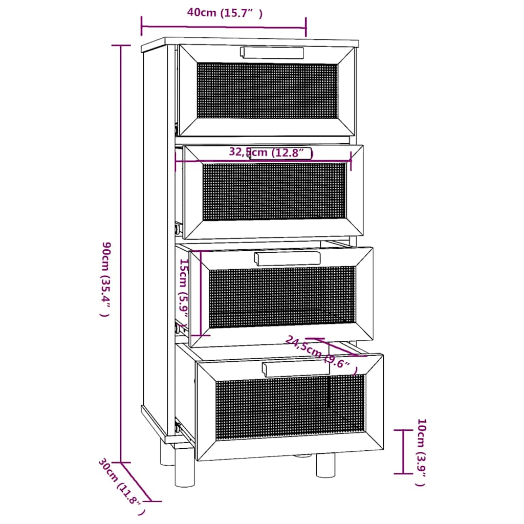 vidaXL Συρταριέρα Μαύρη 40x30x90 εκ. από Μασίφ Πεύκο & Φυσικό Ρατάν