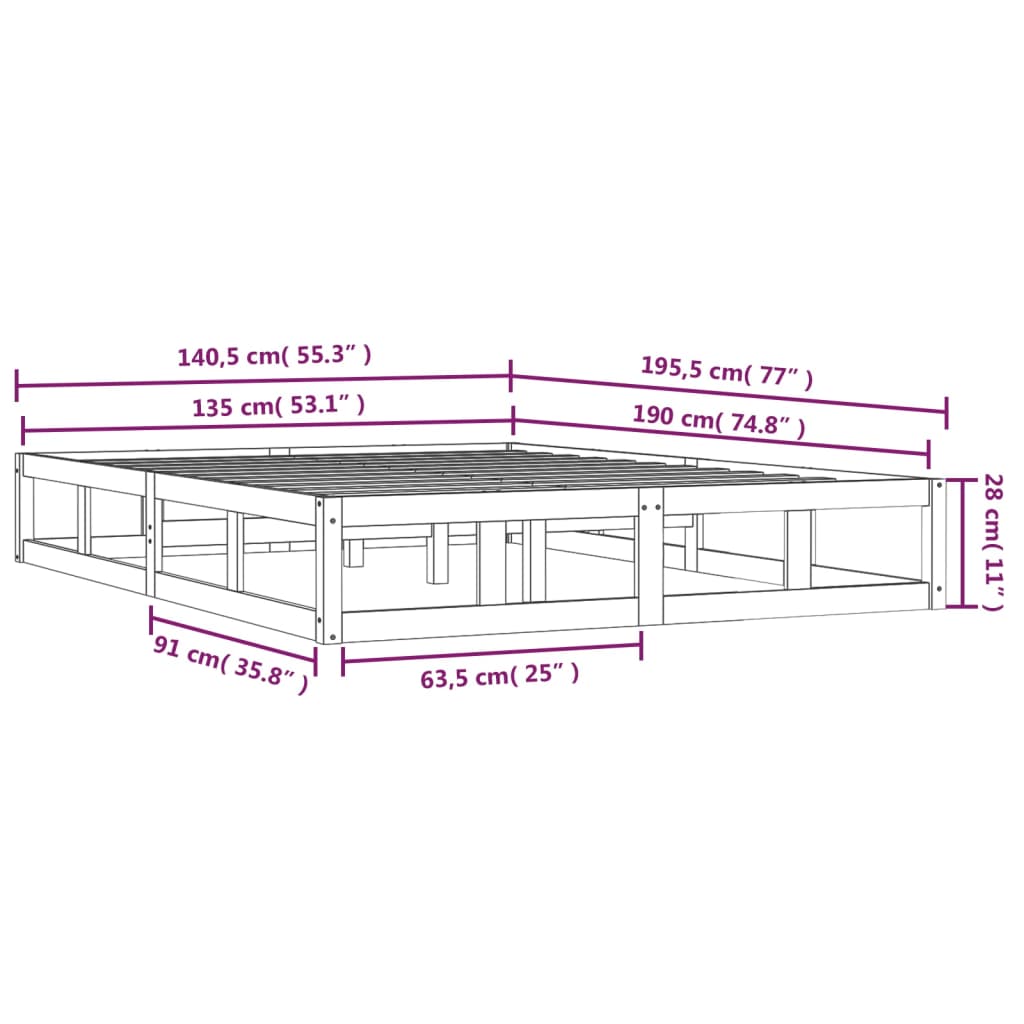 vidaXL Πλαίσιο Κρεβατιού 135 x 190 εκ. από Μασίφ Ξύλο