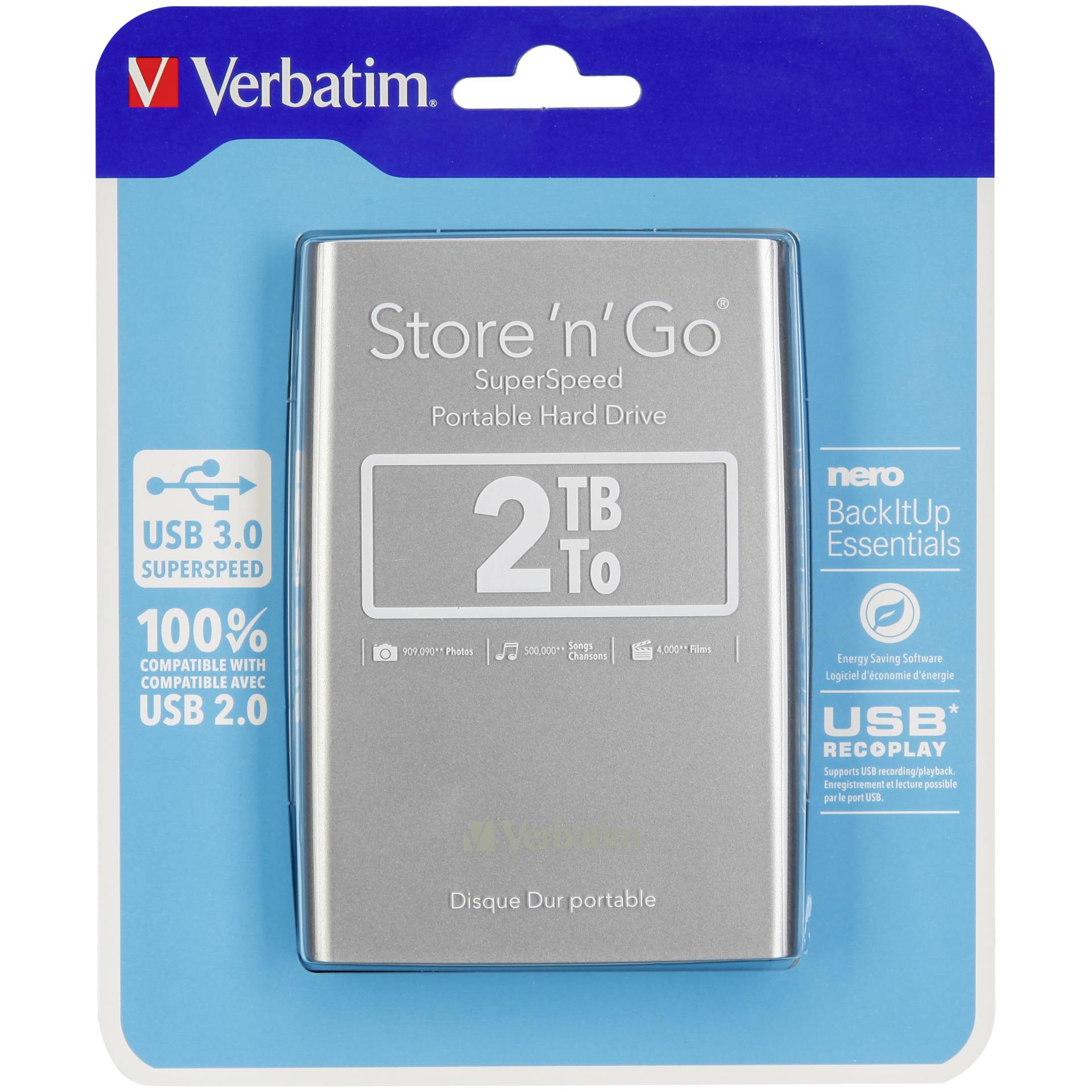 Verbatim Store 'n' Go 2.5" 2TB USB 3.0 Silver External Hard Drive 53189