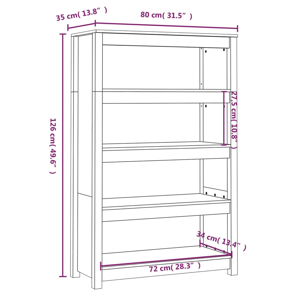 vidaXL Βιβλιοθήκη Λευκή 80x35x126 εκ. από Μασίφ Ξύλο Πεύκου