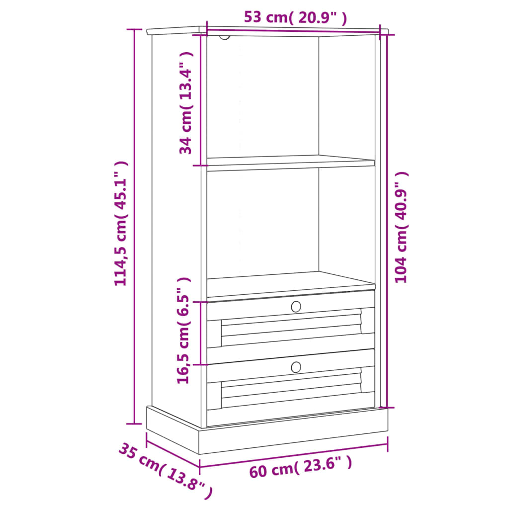 vidaXL Βιβλιοθήκη VIGO 60 x 35 x 114,5 εκ. από Μασίφ Ξύλο Πεύκου