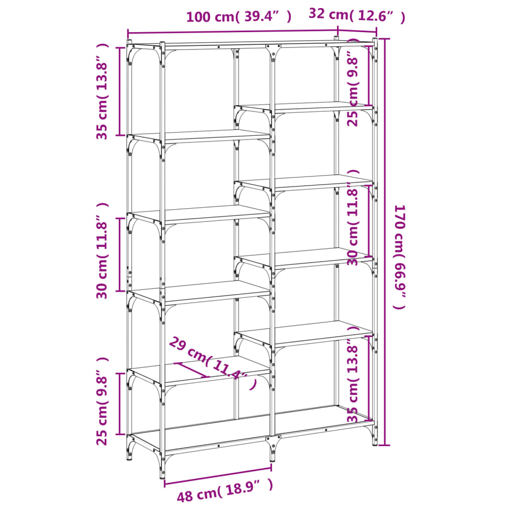 vidaXL Βιβλιοθήκη Καπνιστή Δρυς 100x32x170 εκ. Επεξεργ. Ξύλο / Σίδηρος