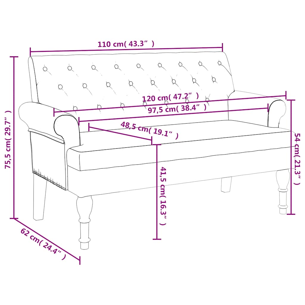 vidaXL Παγκάκι με Πλάτη Μαύρο 120 x 62 x 75,5 εκ. Υφασμάτινο