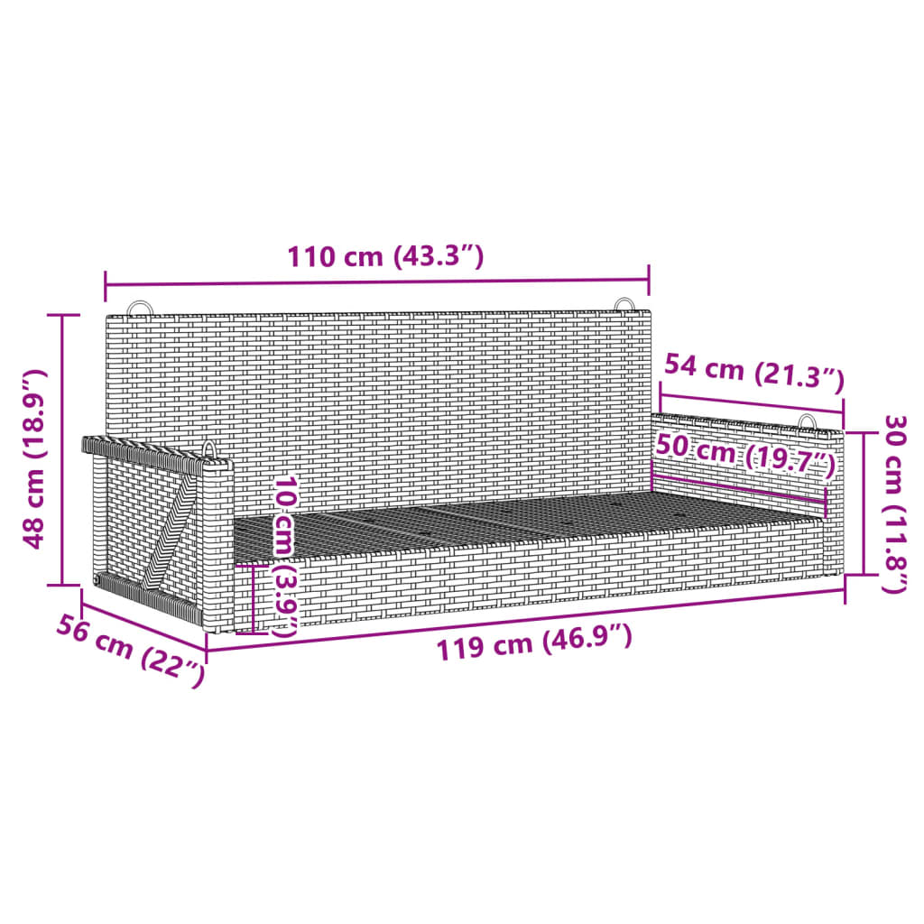 vidaXL Παγκάκι Κούνια Μαύρο 119x56x48 εκ. από Συνθετικό Ρατάν