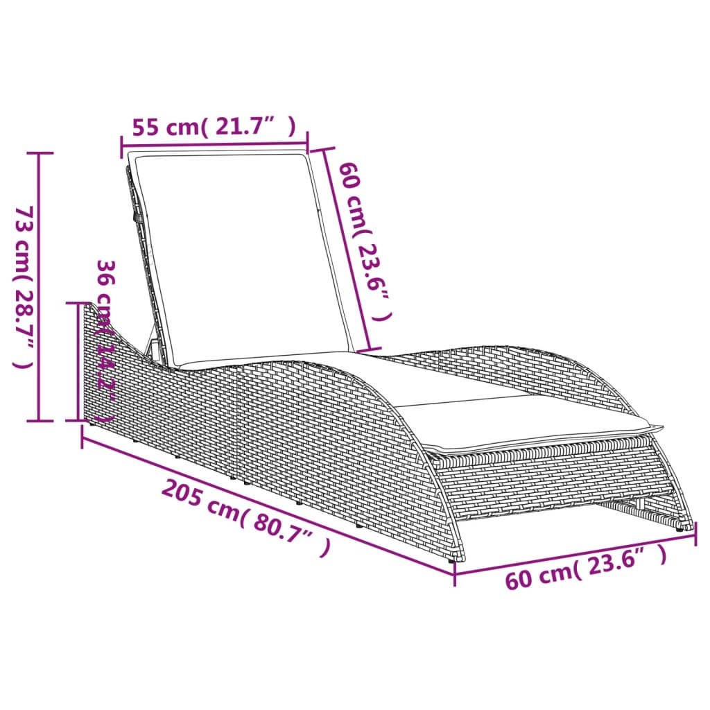 vidaXL Ξαπλώστρα Μαύρο 60x205x73 εκ. από Συνθετικό Ρατάν με Μαξιλάρι