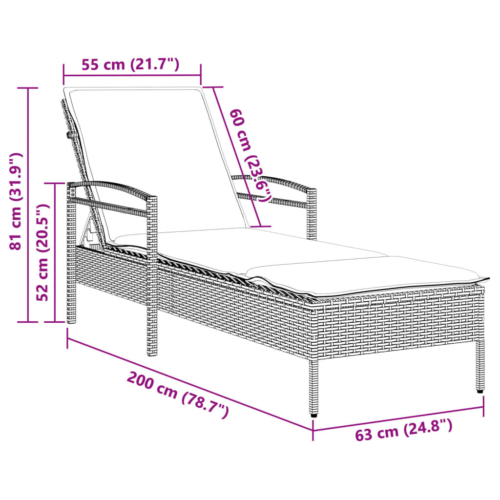 vidaXL Ξαπλώστρα Μαύρο 63x200x81 εκ. από Συνθετικό Ρατάν με Μαξιλάρι