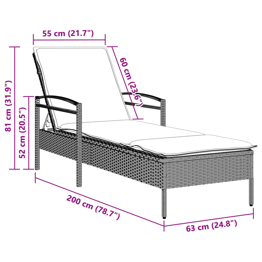 vidaXL Ξαπλώστρα Αν. Γκρι 63x200x81 εκ. Συνθετικό Ρατάν με Μαξιλάρι